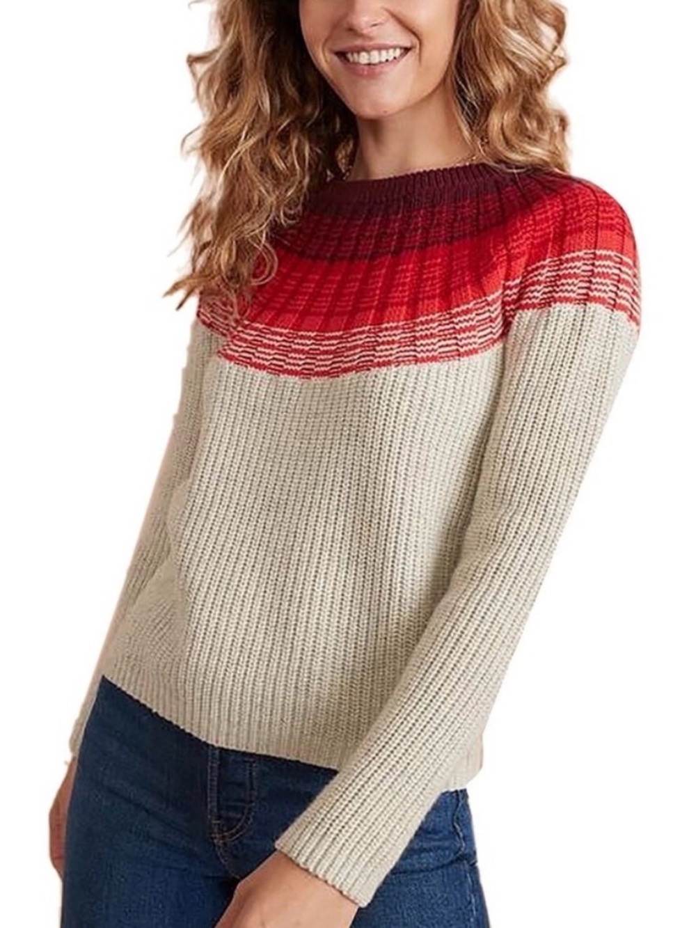 Marine Layer Cream Sweater with Red Ombre Yoke